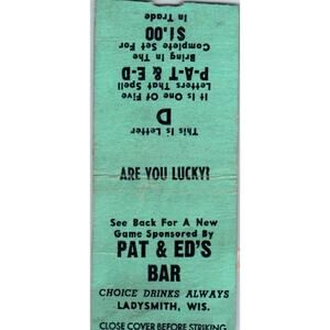 Pat & Ed's Bar Ladysmith WI Vintage Matchbook Cover SD4-Y17